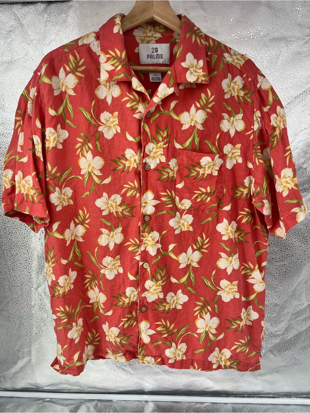 28 Palms Men's Silk-Linen Blend Red Floral Short Sleeve Aloha Shirt Size L